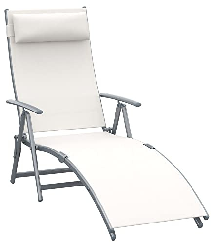 Outsunny Tumbona Plegable Tumbona de Jardín con Respaldo Ajustable en 7 Niveles Almohada y Reposabrazos Carga 165 kg para Piscina Terraza Camping 137x63,5x100,5 cm Beige