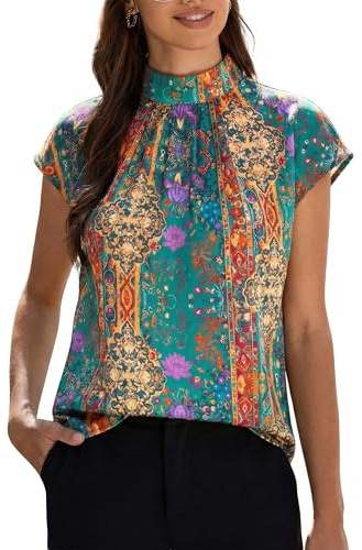 Funlingo Womens Blouses Dressy Casual Fashion 2026 Summer Mock Neck Paisley Tops for Women Short Sleeve Tunic Work Shirts Trendy Clothes Ethnic Prints L