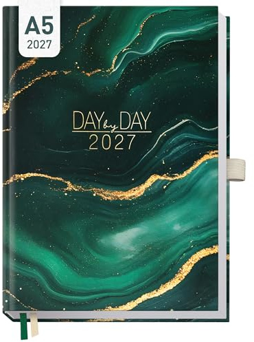 Häfft® Organizer Day by Day Buchkalender 2027 A5 Green Marble | 1 Tag 1 Seite, Tagesplaner Kalender, Hardcover Tageskalender Terminkalender, Terminplaner mit Uhrzeiten, Tageszielen & mehr