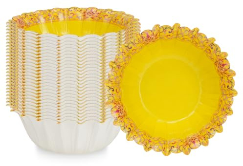 Paper Bowls 8 oz/240 ml, 30 Pack Yellow Printed Pattern Disposable Bowls | Thick and Leak Proof, Microwave Safe for Birthday Parties, Camping, BBQs, Garden Parties and Picnics