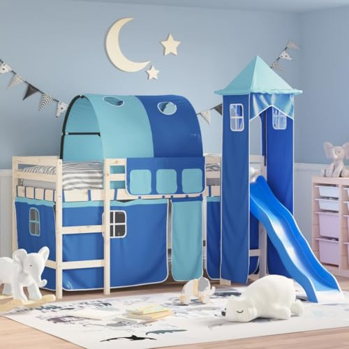TUERYAFEK Blue Loft Bed Curtains with Tunnel and Tower Set, Polyester Under Bed Curtain with 3 Storage Pockets and Tiebacks, Indoor Playhouse for Bedtime Fun