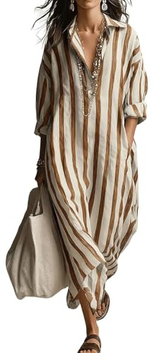 Generale Abito Camicia a Righe Boho Donna Maniche Lunghe, Colletto Rever Spacco Laterale Abito Casual da Mare con Tasche(Brown,M)
