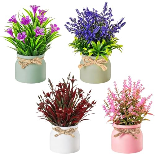 XoeLLe 4 Pack Artificial Flowers in Vase Plastic Potted Plant Fake Flowers | Vase Small Artificial Flower for Office Home Bedroom Living Room Bathroom Window Desk Outside Decor