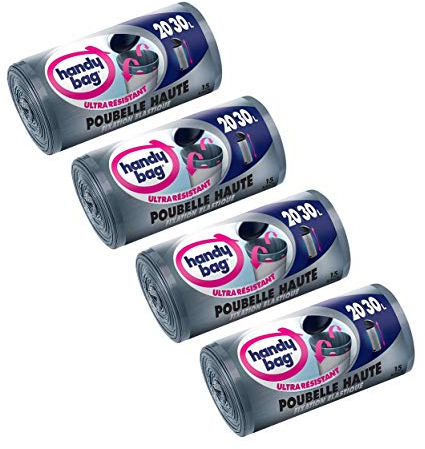 Handy Bag 4 rollos de 15 bolsas de basura 20/30 L, para basura alta, fijación elástica, ultra resistente, antifugas, 47 x 78 cm, gris oscuro, opaco