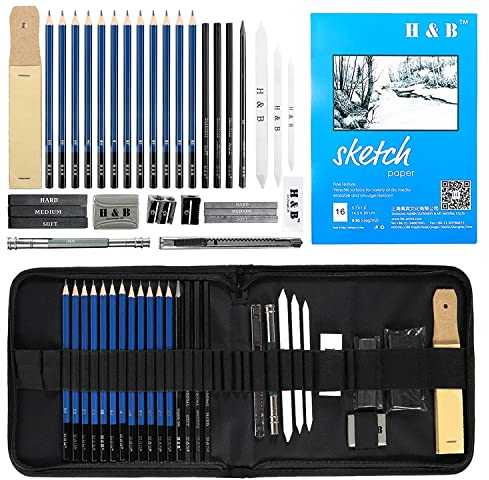 H&B Lápices de bocetos de Set Kit de dibujo de artistas en caja de cremallera con boceto, todos los accesorios diversos y de arte para su pintura (33 Pieza Principiante Pack).