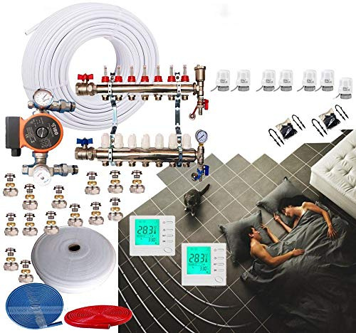2 Zone 90-100Sqm UnderFloor Heating Kit 7 Port Manifold Blending Set 16mm Pipe WRAS Approved