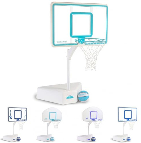 Dunn-Rite Splash & Shoot Pool Basketball Hoop, Adjustable Height Backboard – 200lbs Water-Filled Base, Stainless Steel Rim & Waterproof Basketball, Made in USA, Clear Aqua