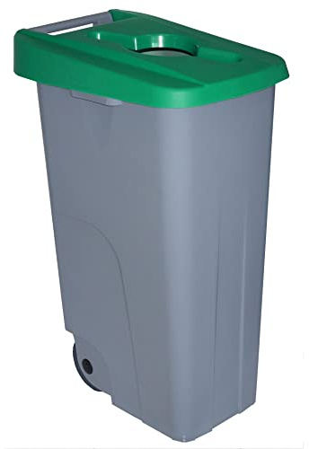 Contenedor de Residuos Reciclo 110L Verde con Tapa Abierta y Ruedas – Plástico Resistente, Encajable, Asa Ergonómica, Ideal para Reciclaje y Colectividades | Denox