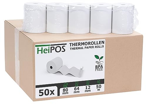 HeiGroup HeiPOS 50x Thermorollen 80mm x 50m x 12mm (Ø 64mm) - Kassenrollen für Epson, Star, Citizen, Metapace & Bondrucker - BPA-frei - 80x50x12