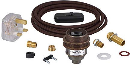 ElekTek UK Threaded E27 Lamp Refurbishment Fixing Kit, Antique Brass Edison Lamp Holder, Inline Rocker Switch Extensive Fittings Pack 13A Plug (3A Fuse) Brown Round Braided Fabric 3-Core Lighting Flex