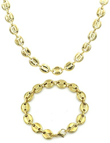 High Polished Stainless Steel 24 Inches Daily Coffee Bean Chain Necklace and bracelet for Men/Women (11MM Width, IPG Gold)