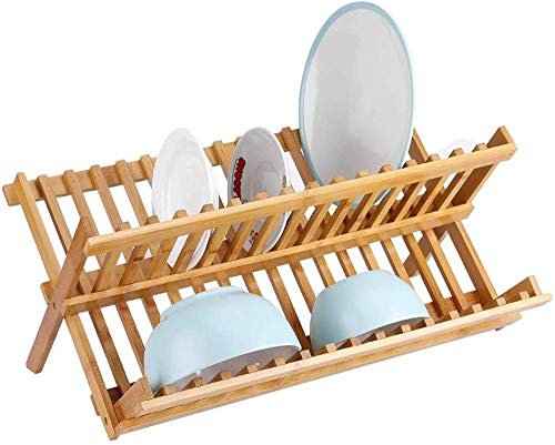 zaizai Escurridor De Platos Plegable De Madera De Bambú, Escurridor De Platos De Bambú De Doble Nivel, Escurridor De Platos Plegable De 2 Niveles, Organizador De Utensilios De Cocina