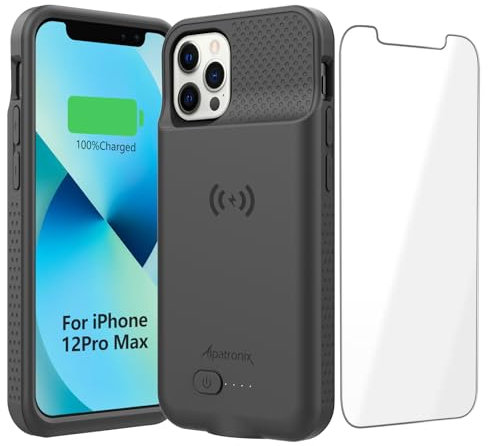 Alpatronix Coque batterie pour iPhone 12 Pro Max/13 Pro Max, coque de protection fine et portable avec chargement sans fil, entrée Lightning, Apple Pay, CarPlay – BX12Pro Max – Noir mat