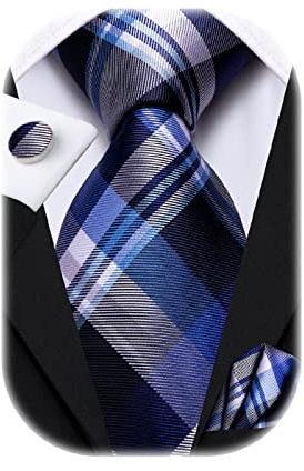 Hi-Tie Slips set för män fyrkantig näsduk och manschettknappar vävd siden formell klassisk slips för affärer bröllopsfest, Blå vit pläd, M