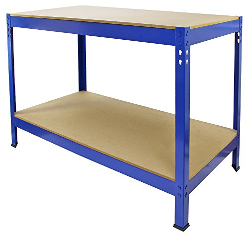 Monster Shop Tavolo da Lavoro Q-Rax Bancone da Lavoro ad Incastro Garage Officina Senza Bulloni in Acciaio e MDF Banco per Garage, Officina e Magazzino - Blu - Larghezza 100cm