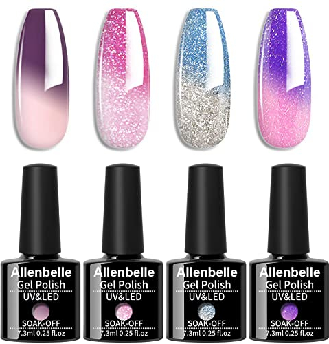 Allenbelle UV Nagellack Thermo Set 4 Farben Mit Geschenkbox,Gel Nagellack Farbwechsel Shellac Set Uv Gel Nail Art,Soak Off Uv Thermo Nagellac