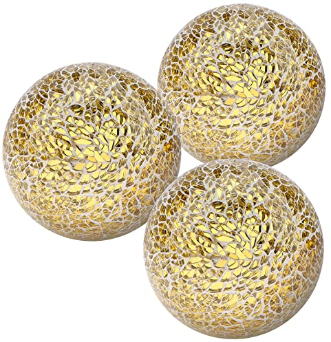 Kepfire 3 Stück Mosaikkugeln Glas 8cm Spiegelglaskugel Runden Knistern Kugeln Schalen Kernstück Zuhause Dekorieren - Gold