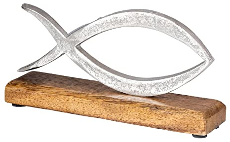 levandeo Aufsteller Fisch L13cm Metall Mango Holz Silber Natur Maritime Deko Christentum Meer Küstendeko Tischdeko