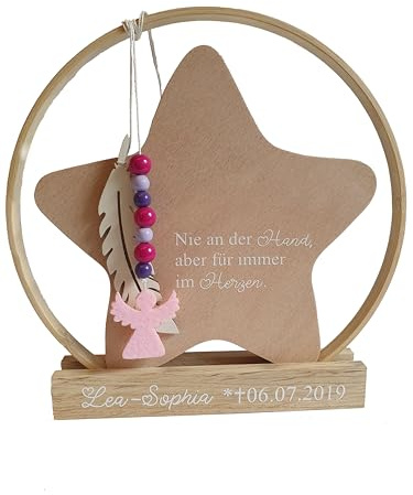Erinnerung an ein Sternenkind | Ring mit Stern mit Spruch und Namen | Geschenk zur Beerdigung | Stern aus Holz 17 x 17 cm | Geschenk zur Beerdigung | Geschenk für Sterneneltern