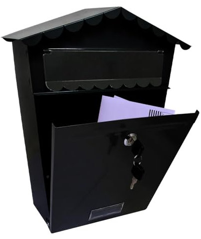 Black Steel Post Box - Wall Mounted Large Mailbox for Parcel Delivery | Powder Coated - Home Use & Outside On Sheds, Garages, Walls, Gates - Mail Box with 2 Keys | Lockable Letter - Keep Mail Safe