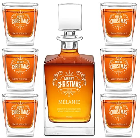 Maverton Carafe et Verres à whisky avec gravure pour femme - 810ml Carafe élégante + 6 Verres pour scotch cognac rhum - Service personnalisé pour elle - pour anniversaire - Merry Christmas