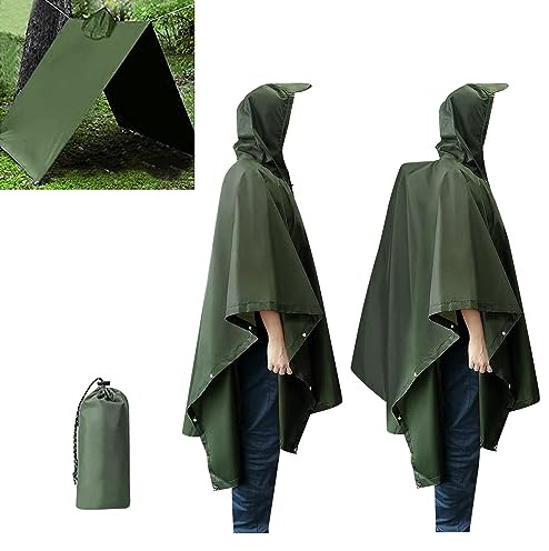 OKUYAN 3 in 1 Rain Cape Multifunctional Raincoat Poncho Adult Waterproof Reusable Rain Hooded Poncho with Storage Bag for Hiking Riding Fishing Travel Outdoor Activity (Green)
