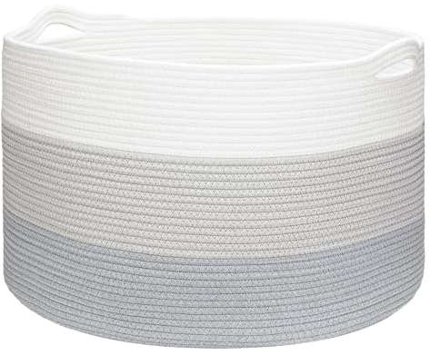 Ajiteogy XXXL großer Wäschekorb, D55 x H35cm, Gewebter Deckenkorb, Baumwollseil Aufbewahrungskorb für Wohnzimmer, Spielzeug, Handtücher, Kissen, Kleidung (Grau)