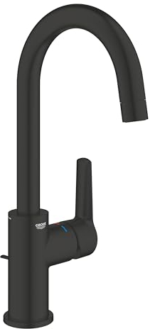 GROHE Start, Waschtischarmatur hoch, wassersparend (Wasserhahn für das Bad, schwenkbar, Zugstangen-Ablauf, 31cm hoch, mit 3in1 Werkzeug, einfache Installation am Waschbecken), schwarz, 242032432