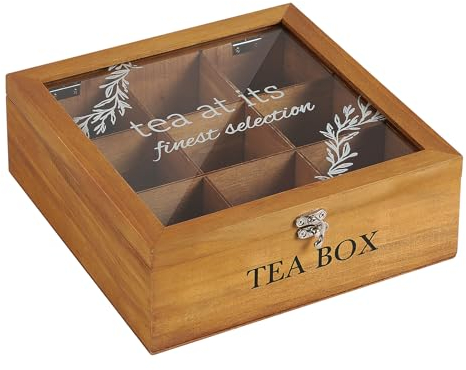 QILICZ Tea Box Wooden Tea Caddy Tea Bag Holder Tea Bag Organiser Tea Chest Tea Storage Box with 9 Compartments and Glass Cover for Home Use Gift