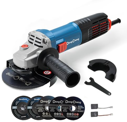 DongCheng Smerigliatrice angolare 1100 W, 125 mm, velocità a vuoto: 11.800 min-1, copertura a sgancio rapido, impugnatura aggiuntiva, con 2 dischi abrasivi, 2 dischi da taglio