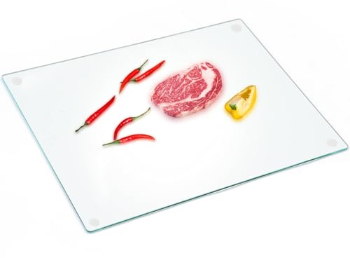 Planche à découper en verre trempé pour comptoir de cuisine avec pieds en caoutchouc antidérapant - Résistante aux rayures, à la chaleur - Résistante aux éclats - Passe au lave-vaisselle