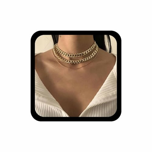 Wendalern Cuban Link Choker Halskette Geschichtet Cuban Kette Halskette Dünne Runde Schlange Kette Halskette Mehrlagig Miami Klobige Kandare Link Kette Halskette Hip-Hop-Schmuck Für Frauen Und Mädchen