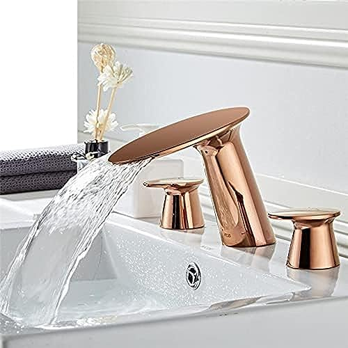 PHNOITPQ Waschtischarmatur aus gebürstetem Gold, Badezimmer-Waschtischarmatur, 3-Loch-Waschtischarmatur aus Roségold, Warm- und Kaltgold-Wasserfallhahn, Neu-Gold (Color : Rose Gold)