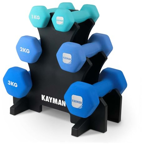 KAYMAN Neoprene Dumbbells Set with Stand - Anti-Slip Grip, Water-Resistant Coating – Weights Dumbbells Set for Strength Training and Workouts (Blue 12Kg Set (1Kg, 2Kg, 3Kg))