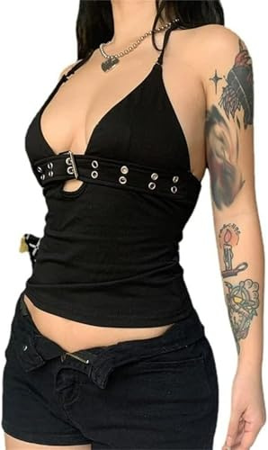 FENXIXIONE Sexy Pour Femmes Décolleté Décolleté Hauts à Encolure Courte Vêtements Emo Y2k Gothique Punk Rock Licou Débardeur Crop Tops Pour Femmes Avec Anneau En Métal (L)