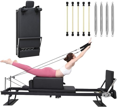 LINTRY Pilates Reformer Maschine, Verlängertes Faltbares Pilates Gerät für Studio und Zuhause, Schwarz, Legierter Stahl, PU-Leder, 150 kg, 230 cm x 55 cm