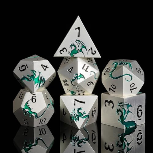 DND Würfel Set aus Metall, HNCCESG Drache Schwermetall-Würfel Set D&D, Dungeons and Dragon TTRPG, Rollenspiele Spiele(silbergrüner Drache)