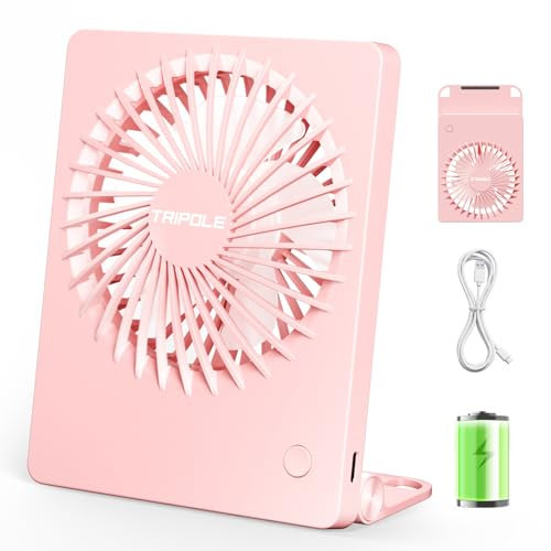 TriPole Desk Fan Battery Operated, 180° Tilt Foldable Portable Fans, 3 Speeds Adjustable USB Rechargeable Table Fan, Ultra Thin Mini Fans for Home Office Travel Outdoor Gifts for Women Men, Pink