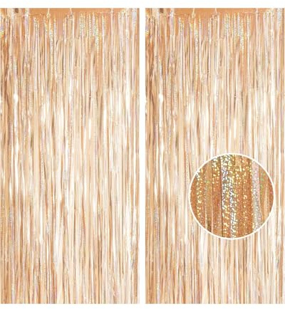 KGDUYC 2pcs Champagner Gold Lametta Vorhang Party Hintergrund, Champagner Gold Luftschlangen Hintergrund, Folie Fransenvorhang für Abschlussfeier, Geburtstag, Verlobung, Weihnachtsfeier Dekorationen