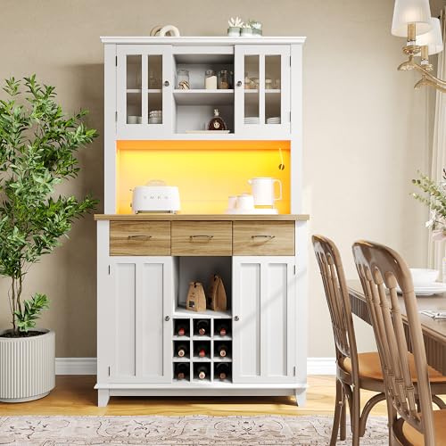 Merax Küchenschrank mit Arbeitsplatte, Küchenbuffet Hochschrank mit 4 Schränken, 3 Schubladen, Verstellbaren Ablagen, LED Buffetschrank Vitrinenschrank für Küche, Wohnzimmer, Esszimmer, Weiß+Natürlich