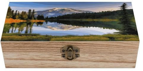 HKMNTGD Holz-Geschenkbox, Holzkisten mit Deckel, Berg- und See-Bilder, bedruckte Schmuckschatulle, Herren, unlackierte Holzkiste (20,1 x 9,9 x 7,6 cm)