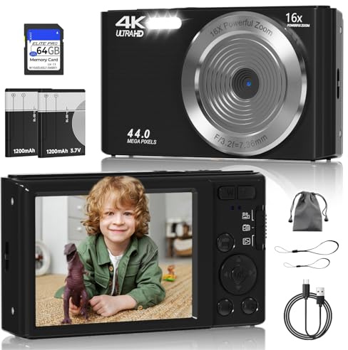 Fotocamera digitale, fotocamera digitale FHD 4K 44MP, zoom digitale 16X, fotocamera digitale Point and Shoot con luci di riempimento a 3 LED, scheda SD da 64 GB, fotocamera compatta per bambini