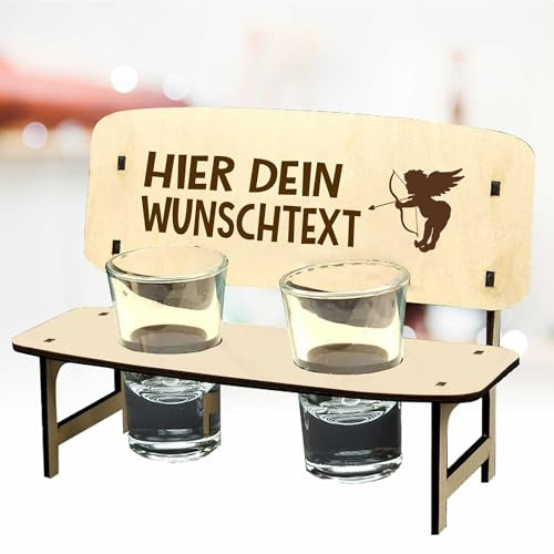 KIWISTAR UG – Regalo – Banco de chupito personalizado de madera – Nombre & Frase + símbolo – Personalizado con grabado y 2 vasos – Idea de regalo Mesa de registro – Boda, Cumpleaños, Aniversario