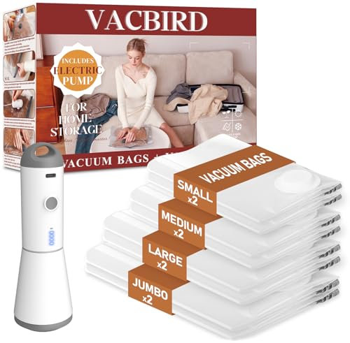 Vacbird Vacuum Storage Bags with Wireless Electric Air Pump, 8-Pack Airtight Compression Bags for Clothes, Blankets, Home Storage