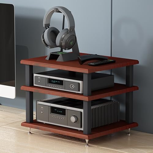 Estante esquinero de 4 Niveles para Medios audiovisuales, Soporte para Audio y Video, Mueble para Consola de Videojuegos, Tocadiscos, Receptor estéreo para Sala de Juegos y grabación (Teca,