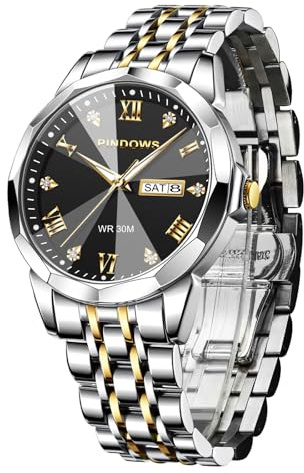 PINDOWS Watch for Men Luxury Diamond Business Dress Analog Quartz Waterproof Wrist Watch Luminous Date Two-Tone Stainless Steel Band Classic Business Casual Style