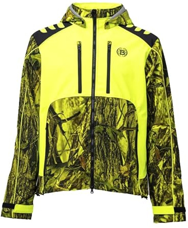 BITRABI Giacca Tiger da Caccia Mimetica, Softshell Impermeabile con Cappuccio Removibile, Design a Due Tonalità,Verde Militare e Giallo Alta Visibilità (IT, Testo, L, Regular, Regular, Giallo Fluo)