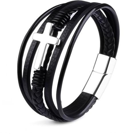 aesdox Leder Wrap Armbänder für Frauen, Boho Leopard mehrschichtige Kristallperlen Manschette Armband Schmuck Geschenk (Kreuz Schwarz)