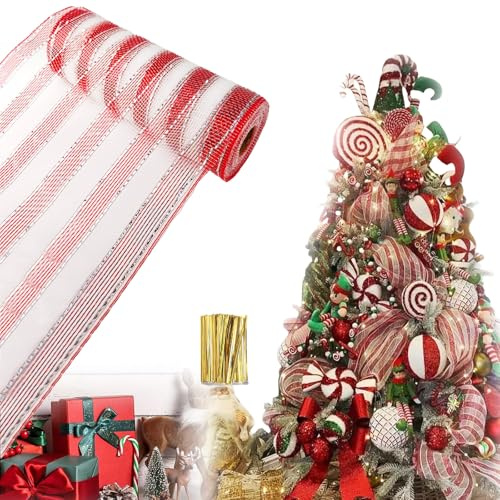Weihnachten Lametta Girlande, 26 cm X 9,14 m Weihnachtsbaum Dekoration Girlande,Glänzend Weihnachtsbaum Ornamente,Weihnachtsbaum Kranz,Metallfolien-Netzband Für Weihnachten (Weißrot)