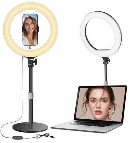 10 Zoll Schreibtisch Ringlicht mit Stativ, LED Kreislicht mit Handyhalter, USB Tischleuchte für Laptop & PC, Zoom Meetings, Videokonferenzen, Streaming, Home Office